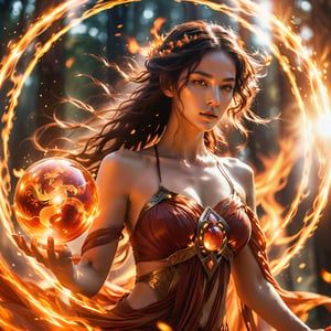 persephone, action scene, elemental goddess throwing charged up elemental energy sphere, showing skills, elden ring, halo, in fire, fiery atmosphere, masterpiece, best quality, realistic, fujifilm gfx 100, UHD,fantasy00d,more detail XL