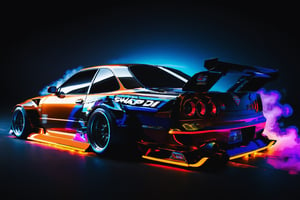 A neon image displaying "
, sharp, detailed car body ,ethereal art, detailed tires, fire scene, (masterpiece, best quality, ultra-detailed, 8K), race car, street racing-inspired, Drifting inspired, LED, ((Twin headlights)), (((Bright neon color racing stripes))), (Black racing wheels), Wheel spin showing motion, Show car in motion, Burnout,  wide body kit, modified car,  racing livery, masterpiece, best quality, realistic, ultra high res, (((depth of field))), (full dual color neon lights:1.2), (hard dual color lighting:1.4), (detailed background), (masterpiece:1.2), (ultra detailed), (best quality), intricate, comprehensive cinematic, magical photography, (gradients), glossy, Fast action style, fire out of tail pipes, Sideways drifting in to a turns, Neon galaxy metalic paint with race stripes,"