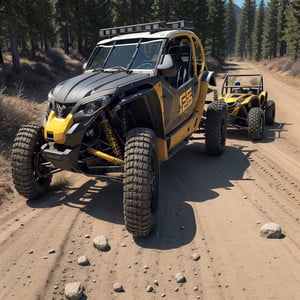 there is a yellow and black vehicle parked on a gravel road, with octane, octane rander, octane 1 2 8 k, buggy, front shot, octane 8k, octane 8 k, ready, octane 8, 1128x191 resolution, octa 8k, long front end, 8k!, trophy truck, off - road