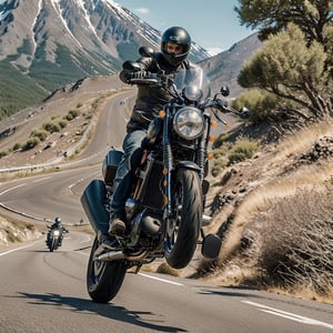 araffe riding a motorcycle on a road with a mountain in the background, riding a futuristic motorcycle, triumph, cover shot, touring, a wide full shot, 🤬 🤮 💕 🎀, wide angle dynamic action shot, riding a motorcycle, wheelie, riding, by Wayne England, scenic full shot, dynamic angled shot, sitting on a motorcycle