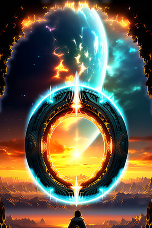 person, standing in front of a space portal overlooking the sun, Cyril Rolando and Goro Fujita, A portal to another universe, inspired by Cyril Rolando, Portal to another dimension, world, visible only through the portal, high quality fantasy stock photo, Portal to another world, Portal to outer space, in the style of Cyril Rolando,  Looking into space, universe, Magical Galactic Portal, The Cycle of the Stars, God,DonMD34thM4g1cXL,Magical Fantasy style