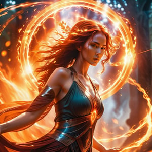 persephone, action scene, elemental goddess throwing charged up elemental energy sphere, showing skills, elden ring, halo, in fire, fiery atmosphere, masterpiece, best quality, realistic, fujifilm gfx 100, UHD,fantasy00d