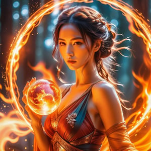 persephone, action scene, elemental goddess throwing charged up elemental energy sphere, showing skills, elden ring, halo, in fire, fiery atmosphere, masterpiece, best quality, realistic, fujifilm gfx 100, UHD,fantasy00d