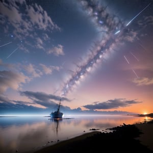 (((On a beach at night a ship wreck just the steel frame all that is left of the ship sticks up out of the water the Sun set dark multy color night sky is filled with stars)), (hyper-detailed scenery:1.5), (sharpen details:1.2), high detail, Hyperrealism, wide shot, masterpiece, super detail, award winning, highres, 4K, best quality, Nature,Perfect dramatic lighting,firefliesfireflies