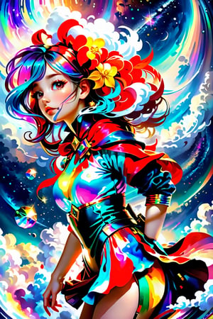 colorful,  ultra highly detailed,  32 k,  Fantastic Realism complex background,  deep rich colors,  ultra detailed,  intricate details,  fantasy concept art,  dynamic lighting,  lights,  digital painting,  intricated pose,  highly detailed intricated,  stunning,  textures,  iridescent and luminescent scUltra-High Definition AI Drawings,Girl, Cloud, Colorful, Masterpiece, Galaxy background