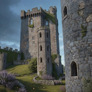 (((looking up at a Castle)), (hyper-detailed scenery:1.5), (sharpen details:1.2), high detail, Hyperrealism, wide shot, masterpiece, super detail, award winning, highres, 4K, best quality, Nature,Perfect dramatic lighting,firefliesfireflies