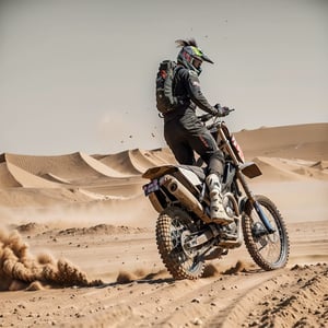 araffe riding a dirt bike in the desert with a lot of dust, dakar motorbike, full of sand and dust, dakar rally footage, dust and sand in the air, dakar, profile shot, sand, dune style, reddit post, off - road, absolutely outstanding image, kicking up dirt, cover shot, by Seb McKinnon, screengrab,photorealistic,Nature