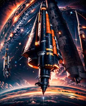 (8k uhd, masterpiece, best quality, high quality), 8K UHD, image is a captivating piece of digital art that portrays a space shuttle taking off from a planet, with a futuristic cityscape serving as the backdrop. The space shuttle, which is the focal point of the image, is white with orange and black accents, and its ascent into the sky adds a dynamic element to the scene. The city below is bathed in the glow of the shuttle’s launch, highlighting the intricate details of the futuristic architecture. The planet itself is depicted as blue and is encircled by a ring, adding to the otherworldly atmosphere. The sky is a dramatic blend of dark red and orange, dotted with stars and distant planets, enhancing the surreal and futuristic feel of the image. Overall, the image is a stunning exploration of science fiction themes, filled with depth and detail that draw the viewer in.
