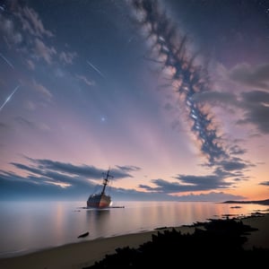 (((On a beach at night a ship wreck sticks up out of the water the Sun set dark multy color night sky is filled with stars)), (hyper-detailed scenery:1.5), (sharpen details:1.2), high detail, Hyperrealism, wide shot, masterpiece, super detail, award winning, highres, 4K, best quality, Nature,Perfect dramatic lighting,firefliesfireflies