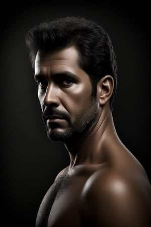 male, Ecuadorian, 40 years old, light olive skin, 
enhance my picture, dark studio,dimly lit, half body, serious look, curl hair.