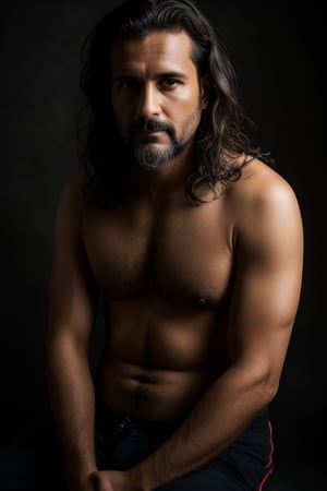 RAW photo, subject, (high detailed skin:1.2), 8k uhd, dslr, soft lighting, high quality, film grain, Fujifilm XT3 male, Ecuadorian, 40 years old, light olive skin, enhance my picture, dark studio,dimly lit, full body, serious look, wavy hair.