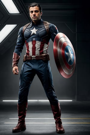 RAW full body photo, a full body portrait photo of Oscar Isaac as Captain America futuristic male Captain America costume, natural skin, 12k uhd, high quality, film grain, Fujifilm XT3, dark brown hair wavy