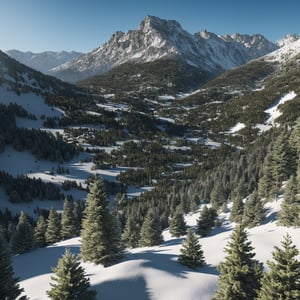 landscape of a mountain valley, ((pines at the foot of the mountains)), ((snow on the peak of the mountains)), cinematic, 8k, detailed, realistic, octane render, (((intricate details)), hdr, ((intricate details, hyperdetailed)), photorealistic, ultrarealistic, realistic shadows, realistic lighting
