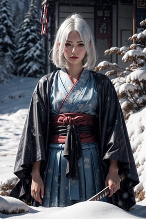 {{{masterpiece}}}, {{{best quality}}}, {{{ultra-detailed}}}, {cinematic lighting}, {illustration}, 1girl, samurai girl, white hair, long hair, hair over front, tight blue hakama, katana, unsheathing katana, snowy background, bloody snow, Samurai girl, guweiz style