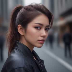 32k resolution, hyper realism, high quiality, close up of a beautiful woman, Tokyo street, lace leather jacket, messy brunette ponytail, sharp focus, photorealism,photorealistic,,,<lora:659095807385103906:1.0>