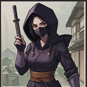 masterpiece), best quality, perfect face, Katie McGrath, dressed like a ninja, black ninja outfit with hood, holding sword, 
(wearing a black mask), traditional Japanese house in background, studio ghibli, anime style,FFIXBG,<lora:659111690174031528:1.0>