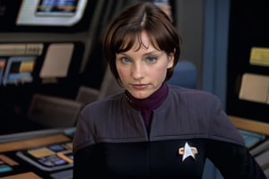  ds9st uniform, Young femal officers, on the bridge of the enterprise 1701-d, crew in background ,photorealistic, many crew members