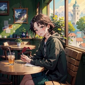 (anime art of a person sitting at a table in front of a window, a picture by Kanbun Master, pixiv, serial art, cozy cafe background, studio ghibli aesthetic, lofi artstyle:1.2), masterpiece, 4k, best quality, anime art, natural beauty