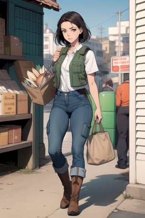 
Blend of comic book art and lineart in full natural colors. A full body portrait shot of an attractive Euopean woman in her late 20s, with an athletic build and shoulder-length dark hair, beautiful face, wearing a green cargo vest and kakhi jeans with a sturdy boots, carrying a satchel, Arabian market in the background 