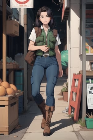 
Blend of comic book art and lineart in full natural colors. A full body portrait shot of an attractive Euopean woman in her late 20s, with an athletic build and shoulder-length dark hair, beautiful face, wearing a green cargo vest and kakhi jeans with a sturdy boots, carrying a satchel, Arabian market in the background 