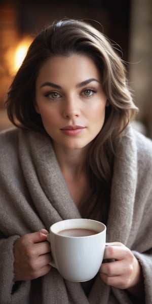 Generate hyper realistic image of a beautiful woman Kelly McGrath savoring the simple pleasure of a cozy evening, wrapped in a warm blanket with a cup of hot cocoa, gazing contentedly at a crackling fireplace. Beautiful eyes