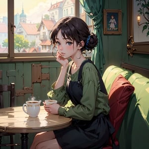 (anime art of a person sitting at a table in front of a window, a picture by Kanbun Master, pixiv, serial art, cozy cafe background, studio ghibli aesthetic, lofi artstyle:1.2), masterpiece, 4k, best quality, anime art, natural beauty