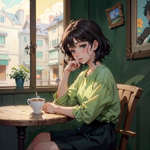 (anime art of a person sitting at a table in front of a window, a picture by Kanbun Master, pixiv, serial art, cozy cafe background, studio ghibli aesthetic, lofi artstyle:1.2), masterpiece, 4k, best quality, anime art, natural beauty