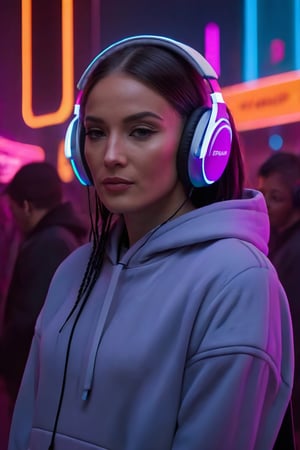 Dreampolis, hyper-detailed digital illustration, cyberpunk, single girl with techsuite hoodie and headphones in the street, neon lights, lighting bar, city, cyberpunk city, film still, backpack, in megapolis, pro-lighting, high-res, masterpiece,Wonder of Art and Beauty,black and grey ds9st uniform