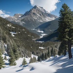 landscape of a mountain valley, ((pines at the foot of the mountains)), ((snow on the peak of the mountains)), cinematic, 8k, detailed, realistic, octane render, (((intricate details)), hdr, ((intricate details, hyperdetailed)), photorealistic, ultrarealistic, realistic shadows, realistic lighting