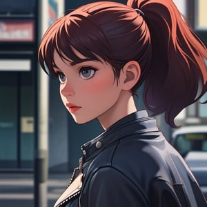 32k resolution, hyper realism, high quiality, close up of a beautiful woman, Tokyo street, lace leather jacket, messy brunette ponytail, sharp focus, photorealism,photorealistic,,,<lora:659111690174031528:1.0>