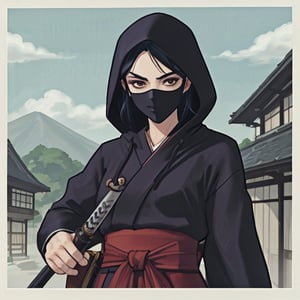 masterpiece), best quality, perfect face, Katie McGrath, dressed like a ninja, black ninja outfit with hood, holding sword, 
(wearing a black mask), traditional Japanese house in background, studio ghibli, anime style,FFIXBG,<lora:659111690174031528:1.0>