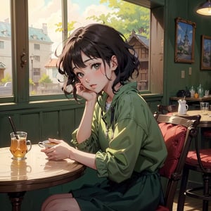 (anime art of a person sitting at a table in front of a window, a picture by Kanbun Master, pixiv, serial art, cozy cafe background, studio ghibli aesthetic, lofi artstyle:1.2), masterpiece, 4k, best quality, anime art, natural beauty