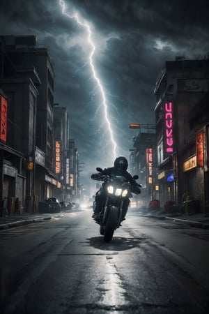 best quality, masterpiece, Extreme fast super bike, low angle view, fast, high speed, high detailed, 16k, while driving, lightning, electrical, technical, a heart-pounding motorcycle chase. adrenaline-fuelled, dynamic angles and intense lighting. (((parallax motion blur))), ((ultra-detailed details))) high-speed excitement, dutch angle view from in front, ultra hd, realistic, vivid colors, highly detailed, UHD drawing, perfect composition, ultra hd, 8k, he has an inner glow, stunning, something that even doesn't exist, mythical being, energy, molecular, textures, iridescent and luminescent scales, breathtaking beauty, pure perfection, divine presence, unforgettable, impressive, breathtaking beauty, Volumetric light, auras, rays, vivid colors reflects.,Cyberpunk,photorealistic