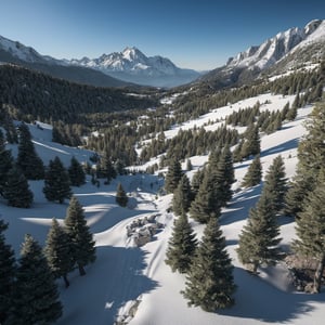 landscape of a mountain valley, ((pines at the foot of the mountains)), ((snow on the peak of the mountains)), cinematic, 8k, detailed, realistic, octane render, (((intricate details)), hdr, ((intricate details, hyperdetailed)), photorealistic, ultrarealistic, realistic shadows, realistic lighting
