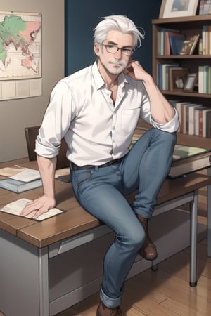 
Blend of comic book art and lineart in full natural colors. A full body portrait shot of an attractive Euopean professor in his early 60s, with a normal build and white hair, friendly face, wearing jeans and a shirt and a west.wearing glasses. Sits at his desk looking at a map in front of him. The desk behind him are full of books and notes and old maps.