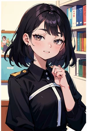 female, ((masterpiece, best quality, ultra detailed, absurdres):1.5), 1girl, beautiful, ZGirl, black uniform, school_uniform,ZGirl, oil painting style, smiling, beautiful face, Bibliothek in background 