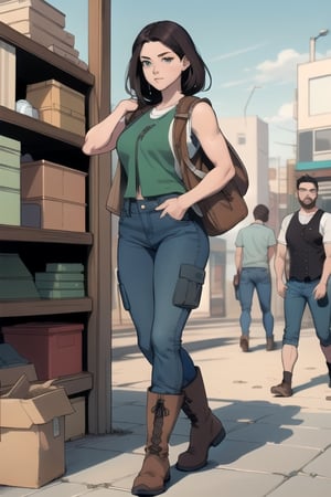 
Blend of comic book art and lineart in full natural colors. A full body portrait shot of an attractive Euopean woman in her late 20s, with an athletic build and shoulder-length dark hair, beautiful face, wearing a green cargo vest and kakhi jeans with a sturdy boots, carrying a satchel, arabic Medina in the background 