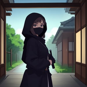 masterpiece), best quality, perfect face, Katie McGrath, dressed like a ninja, black ninja outfit with hood, holding sword, 
(wearing a black mask), traditional Japanese house in background, studio ghibli, anime style,<lora:659111690174031528:1.0>