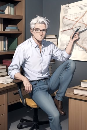 
Blend of comic book art and lineart in full natural colors. A full body portrait shot of an attractive Euopean professor in his early 60s, with a normal build and white hair, friendly face, wearing jeans and a shirt and a west.wearing glasses. Sits at his desk looking at a map in front of him. The desk behind him are full of books and notes and old maps.