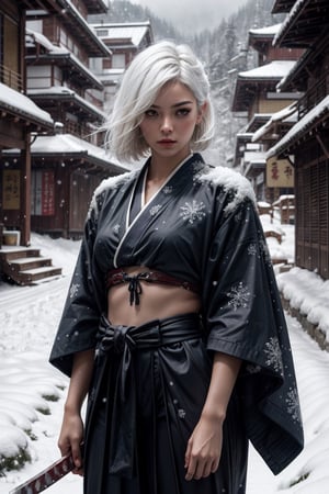 {{{masterpiece}}}, {{{best quality}}}, {{{ultra-detailed}}}, {cinematic lighting}, {illustration}, 1girl, samurai girl, white hair, long hair, hair over front, tight blue hakama, katana, unsheathing katana, snowy background, bloody snow, Samurai girl, guweiz style