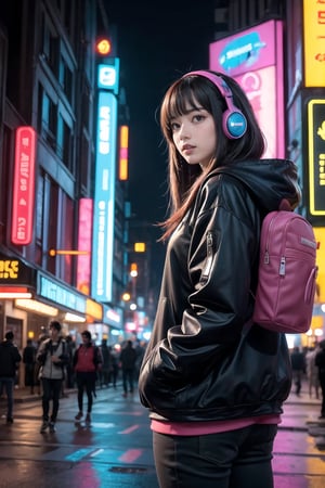 Dreampolis, hyper-detailed digital illustration, cyberpunk, single girl with techsuite hoodie and headphones in the street, neon lights, lighting bar, city, cyberpunk city, film still, backpack, in megapolis, pro-lighting, high-res, masterpiece,Wonder of Art and Beauty