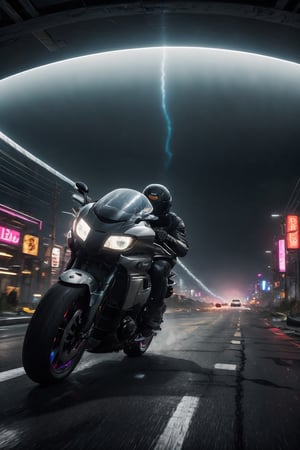 best quality, masterpiece, Extreme fast super bike, low angle view, fast, high speed, high detailed, 16k, while driving, lightning, electrical, technical, a heart-pounding motorcycle chase. adrenaline-fuelled, dynamic angles and intense lighting. (((parallax motion blur))), ((ultra-detailed details))) high-speed excitement, dutch angle view from in front, ultra hd, realistic, vivid colors, highly detailed, UHD drawing, perfect composition, ultra hd, 8k, he has an inner glow, stunning, something that even doesn't exist, mythical being, energy, molecular, textures, iridescent and luminescent scales, breathtaking beauty, pure perfection, divine presence, unforgettable, impressive, breathtaking beauty, Volumetric light, auras, rays, vivid colors reflects.,Cyberpunk,photorealistic