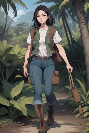 
Blend of comic book art and lineart in full natural colors. A full body portrait shot of an attractive Euopean woman in her late 20s, with an athletic build and shoulder-length dark hair, beautiful face, wearing a green cargo vest and kakhi jeans with a sturdy boots, carrying a satchel, tropical rainforest in the background 