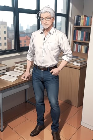 
Blend of comic book art and lineart in full natural colors. A full body portrait shot of an attractive Euopean professor in his early 60s, with a normal build and white hair, friendly face, wearing jeans and a shirt and a west.wearing glasses. Standing in his office looking out of the window. The desk behind him are full of books and notes and old maps.