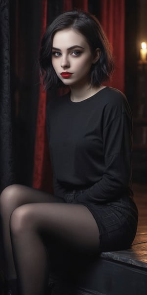 Handsome, Stunning, Young, Goth, Girl, Tall, Wide eyes, Emotional, Depressed, Full lips, Fit slender body, Pale skin. Long black curtain kinky bob-cut fluffy wavy hair. Wears, Loose black long T-shirt long sleeve, Gray pants, Sitting in dark creepy dark room pictures on wall, Nighttime. Realistic, Sharp focus,