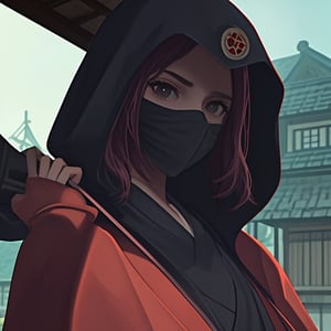 masterpiece), best quality, perfect face, Katie McGrath, dressed like a ninja, black ninja outfit with hood, holding sword, 
(wearing a black mask), traditional Japanese house in background, studio ghibli, anime style,FFIXBG,<lora:659111690174031528:1.0>