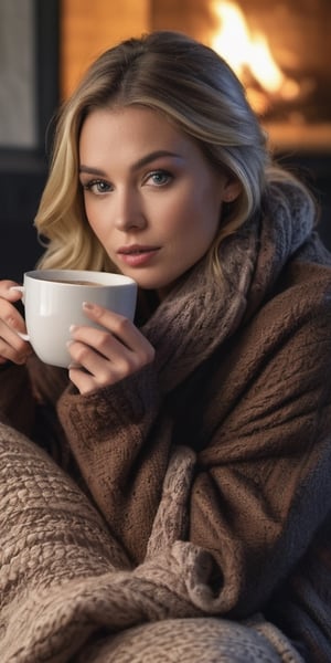 Generate hyper realistic image of a beautiful woman Kelly McGrath savoring the simple pleasure of a cozy evening, wrapped in a warm blanket with a cup of hot cocoa, gazing contentedly at a crackling fireplace. Beautiful eyes