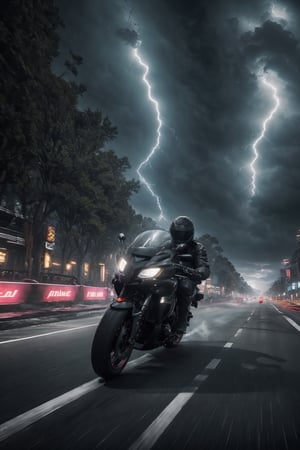 best quality, masterpiece, Extreme fast super bike, low angle view, fast, high speed, high detailed, 16k, while driving, lightning, electrical, technical, a heart-pounding motorcycle chase. adrenaline-fuelled, dynamic angles and intense lighting. (((parallax motion blur))), ((ultra-detailed details))) high-speed excitement, dutch angle view from in front, ultra hd, realistic, vivid colors, highly detailed, UHD drawing, perfect composition, ultra hd, 8k, he has an inner glow, stunning, something that even doesn't exist, mythical being, energy, molecular, textures, iridescent and luminescent scales, breathtaking beauty, pure perfection, divine presence, unforgettable, impressive, breathtaking beauty, Volumetric light, auras, rays, vivid colors reflects.,Cyberpunk,photorealistic