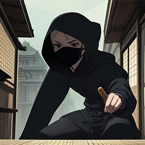 masterpiece), best quality, perfect face, Katie McGrath, dressed like a ninja, black ninja outfit with hood, holding sword, 
(wearing a black mask), traditional Japanese house in background, studio ghibli, anime style,FFIXBG,<lora:659111690174031528:1.0>