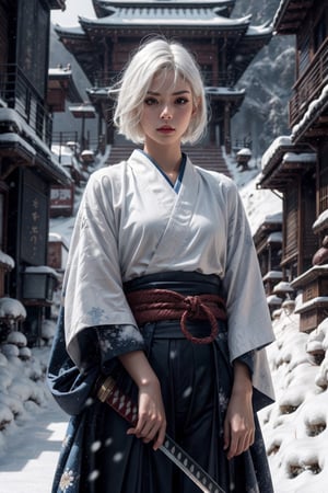 {{{masterpiece}}}, {{{best quality}}}, {{{ultra-detailed}}}, {cinematic lighting}, {illustration}, 1girl, samurai girl, white hair, long hair, hair over front, tight blue hakama, katana, unsheathing katana, snowy background, bloody snow, Samurai girl, guweiz style